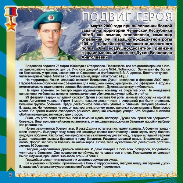 Подвиг Героя России Гвардии младшего сержанта ВДВ Владислава Духина.