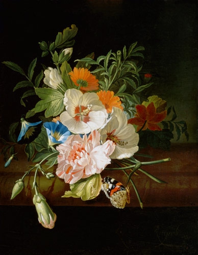 Рашель Рюйш. «Натюрморт с цветами и бабочками на каменной скамье» (ок. 1700 г.)